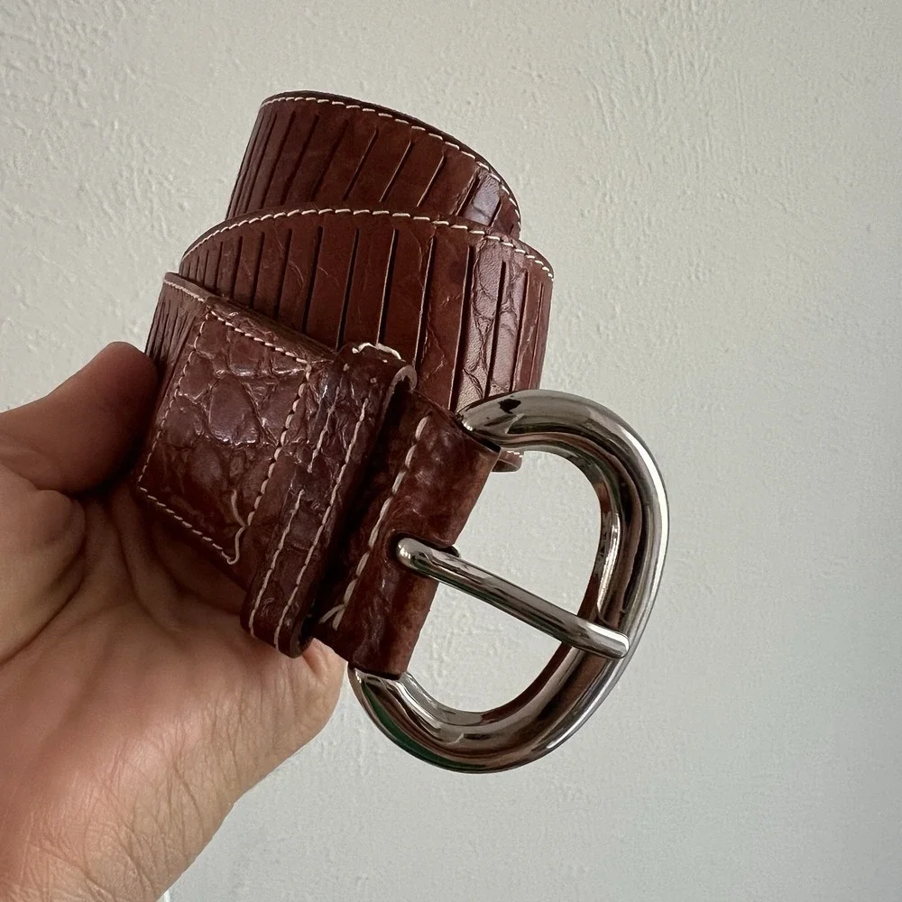 Vtg 90s Ann Taylor Brown Leather Croc Embossed Belt Silver Buckle Size Small